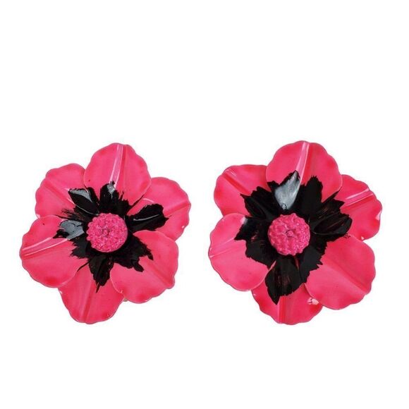 Vintage Jewelry - Vtg Neon Pink Black Enamel Flower Floral Chunky Big Clip On Gold Tone Earrings